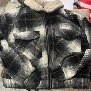 SO Black and White Plaid Bomber Jacket